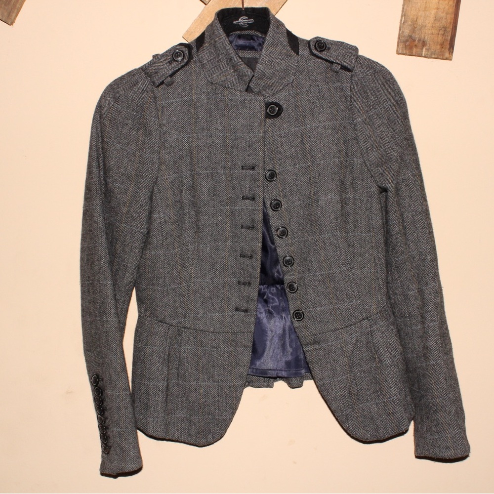 Wool Blend Peplum Herringbone Military Blazer
